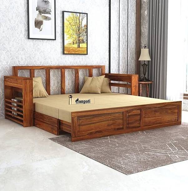 Ganpati Arts Sheesham Wood Lurid with Side Pocket for Bedroom /Home 3 Seater Double Solid Wood Pull Out Sofa Cum Bed