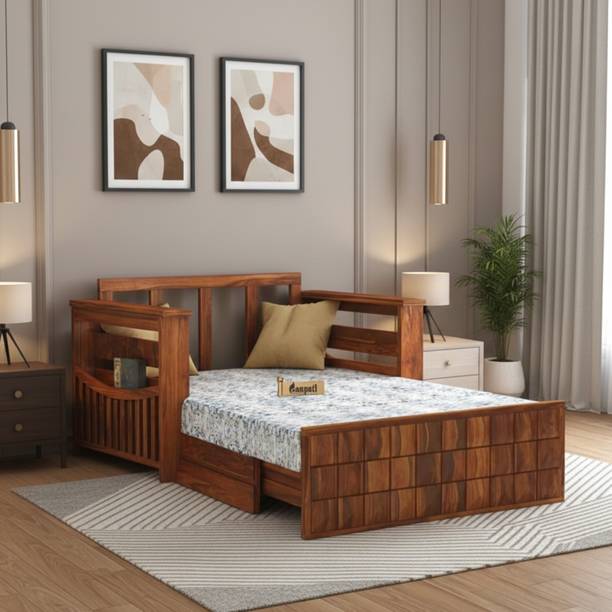 Ganpati Arts Sheesham Wood Diamond with Floral Fabric & Side Pocket 2 Seater Double Solid Wood Pull Out Sofa Cum Bed