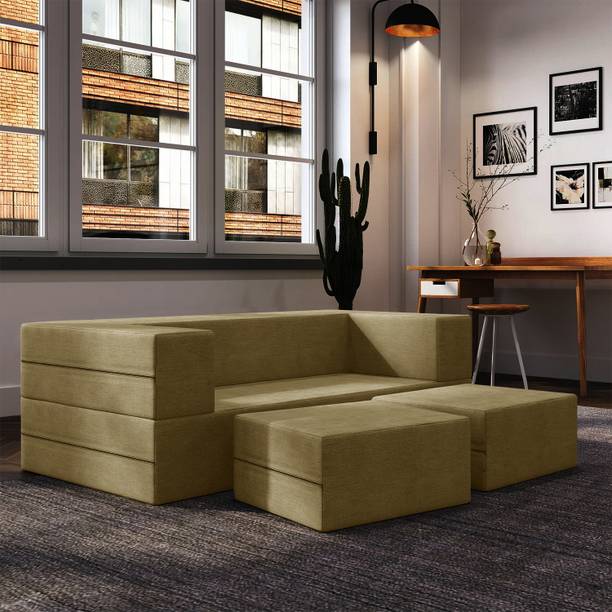 FURNITURE KI FACTORY 5x6 Feet with 2 Pouffe/Foot Stools 2 Seater Single Foam Fold Out Sofa Cum Bed