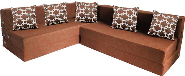 Little Smile L-Shaped 78x60x16 inch- Jute Fabric 4-brown 4 Seater Double Foam Fold Out Sofa Cum Bed