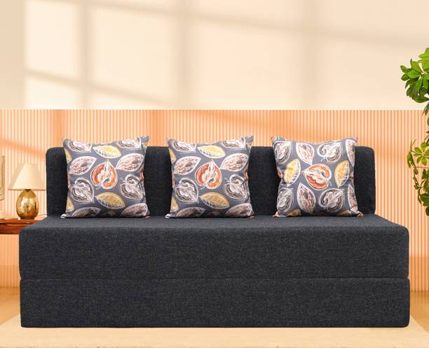 Uberlyfe 5 x 6 Ft Premium Jute -Sofa Cum Bed with 3 Cushions(Fallen Leaves Pattern) 3 Seater Double Foam Fold Out Sofa Cum Bed