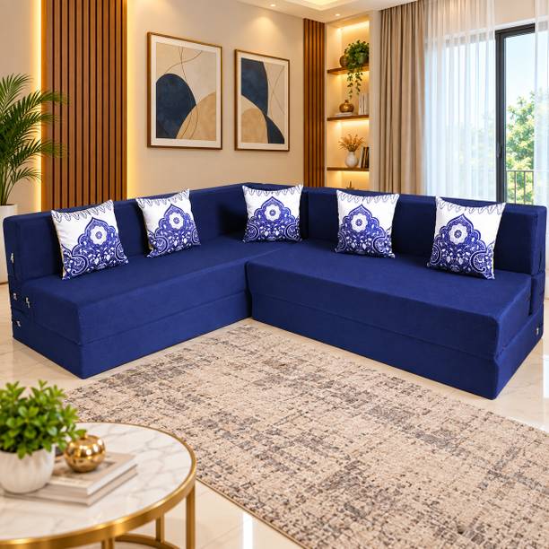 Little Smile L-Shaped 78x60x16 inch- Jute Fabric 4 -blue 4 Seater Double Foam Fold Out Sofa Cum Bed