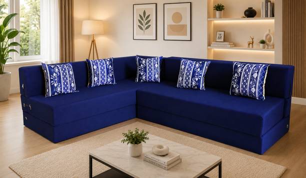 Little Smile L-Shaped 90x72x16 inch- Jute Fabric (5)_blue 5 Seater Double Foam Fold Out Sofa Cum Bed