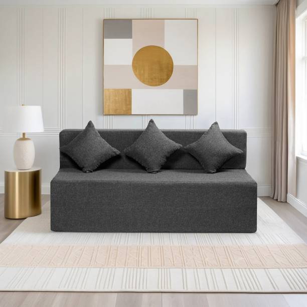 Comfort Mantra 4 Seater 6*6 Jute Fabric Washable Cover Sofa cum Bed with 3 Cushions 4 Seater Double Foam Fold Out Sofa Cum Bed