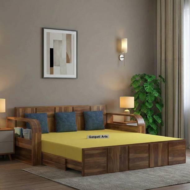 Ganpati Arts Scott Sheesham Wood 3 Seater Sofa Cum Bed with Side Pocket Mini Storage 3 Seater Double Solid Wood Pull Out Sofa Cum Bed