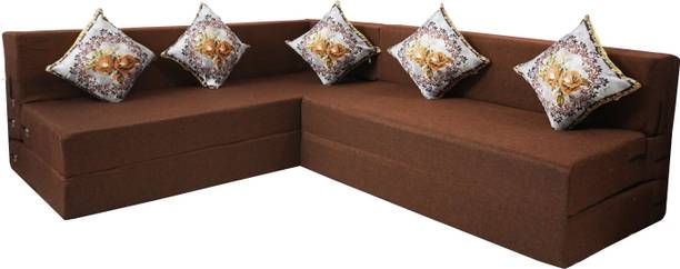 Little Smile L-Shaped 78x60x16 inch- Jute Fabric 4 -brown 4 Seater Double Foam Fold Out Sofa Cum Bed
