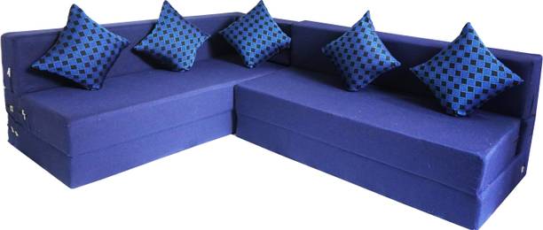 Little Smile L-Shaped 90x72x16 inch- Jute Fabric 5 -blue 5 Seater Double Foam Fold Out Sofa Cum Bed