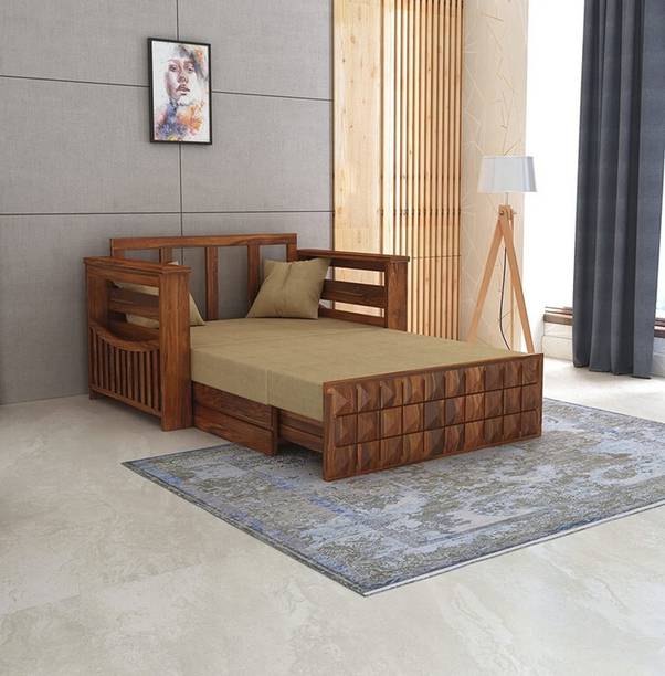 BhagwatiArt Sheesham Wood 2 Seater Sofa Cum Bed With Storage & Side Pocket For Living Room | 2 Seater Double Solid Wood Pull Out Sofa Cum Bed