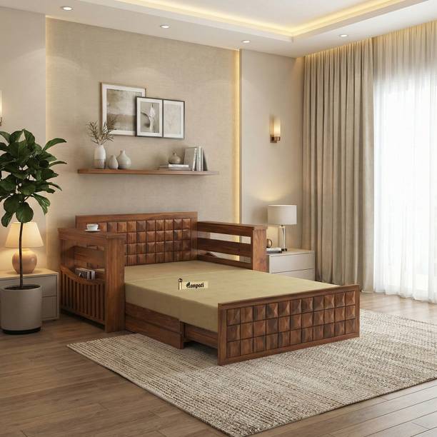 Ganpati Arts Sheesham Wood with Headboard & Mini Storage for Home 2 Seater Double Solid Wood Pull Out Sofa Cum Bed