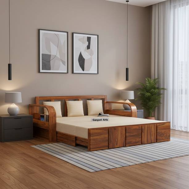 Ganpati Arts Scott Solid Sheesham Wood with Side Pocket Mini Storage 3 Seater Double Solid Wood Pull Out Sofa Cum Bed