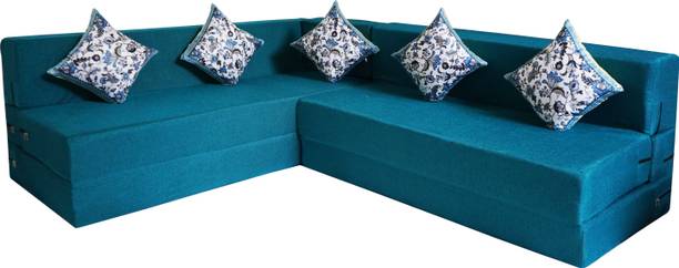 Little Smile L-Shaped 78x60x16 inch- Jute Fabric 4 -multicolor 4 Seater Double Foam Fold Out Sofa Cum Bed