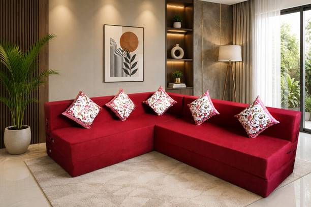 Little Smile L-Shaped 90x72x16 inch- Jute Fabric 5 -red 5 Seater Double Foam Fold Out Sofa Cum Bed