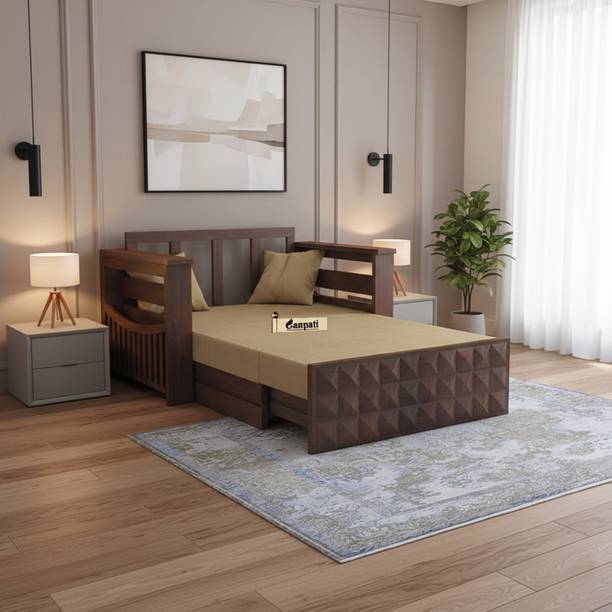 Ganpati Arts Solid Sheesham Wood Diamond with Side Pocket 2 Seater Double Solid Wood Pull Out Sofa Cum Bed