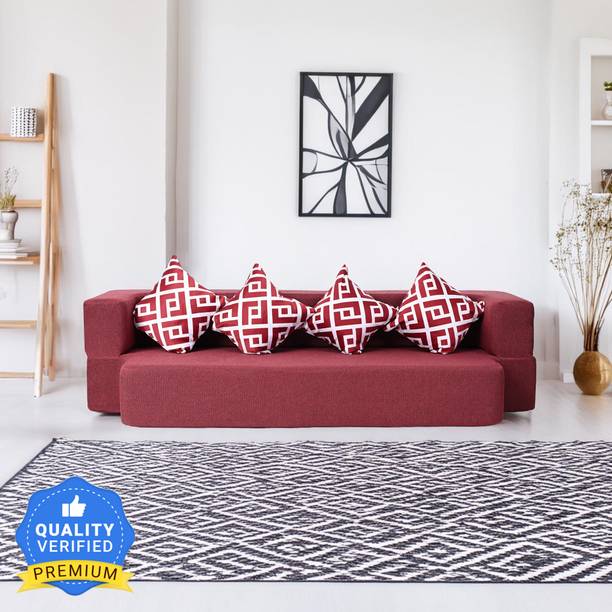 Seventh Heaven 4 Seater Sofa Bed 78x44x10 inch Jute Fabric with 4 Cushions 4 Seater Double Foam Fold Out Sofa Cum Bed