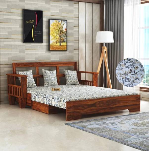 Ganpati Arts Sheesham Wood Jodhpur with Floral Fabric and Side Pocket 3 Seater Double Solid Wood Pull Out Sofa Cum Bed
