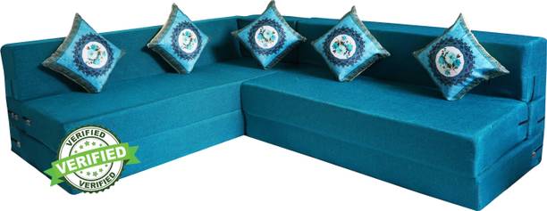 Little Smile L-Shaped 78x60x16 inch- Jute Fabric 4 -multicolor 4 Seater Double Foam Fold Out Sofa Cum Bed