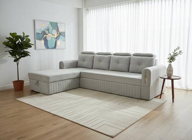 roshan furniture L-Shaped Sofa Cum Bed with Hidden Storage LHS 5 Seater Double Solid Wood Pull Out Sofa Cum Bed