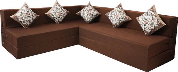 Little Smile L-Shaped 78x60x16 inch- Jute Fabric 4 -brown 4 Seater Double Foam Fold Out Sofa Cum Bed