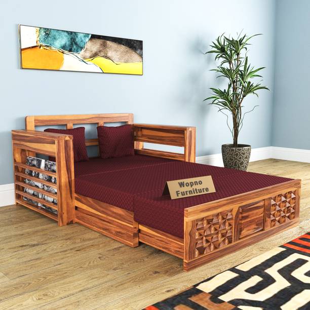 Wopno Furniture Sheesham Wooden 2 Seater Sofa Cums Bed with Mattresses for Home Living Room 2 Seater Double Solid Wood Pull Out Sofa Cum Bed
