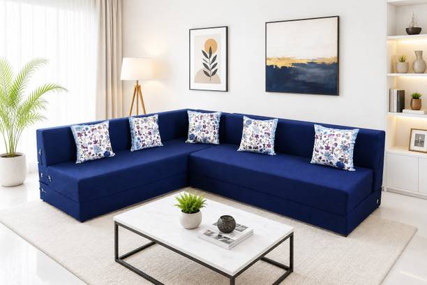Little Smile L-Shaped 78x60x16 inch- Jute Fabric 4 -Blue 4 Seater Double Foam Fold Out Sofa Cum Bed