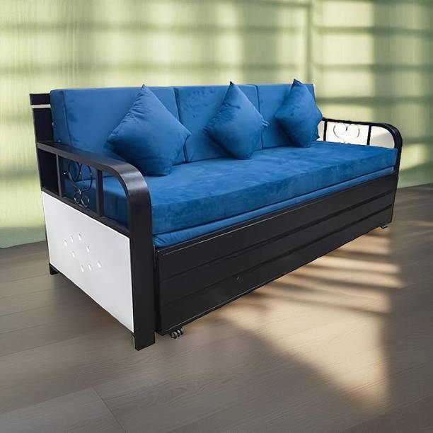 ModuTure Metal with Hydraulic Storage 3" Handle Black & Ivory, 6x6ft, 3 Seater Double Metal Pull Out Sofa Cum Bed