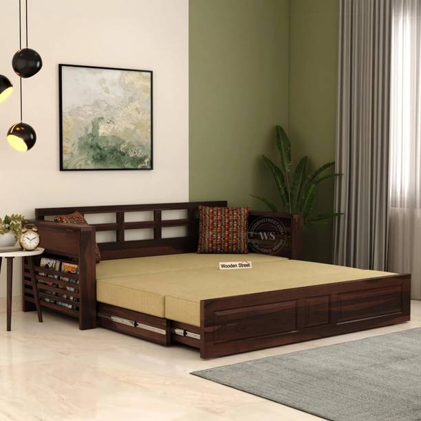 Wooden Street Calder Sheesham Wood Walnut Finish King Size Sofa Cum Bed with mattress 3 Seater Double Solid Wood Pull Out Sofa Cum Bed