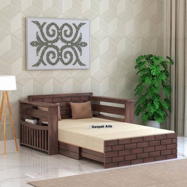 Ganpati Arts Sheesham Wood Italian 2 Seater Sofa Cum Bed with Headboard and Mini Storage 2 Seater Single Solid Wood Pull Out Sofa Cum Bed