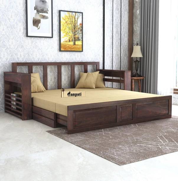 Ganpati Arts Sheesham Wood Lurid 3 Seater Sofa Cum Bed with Headboard & Mini Storage for Home 3 Seater Double Solid Wood Pull Out Sofa Cum Bed