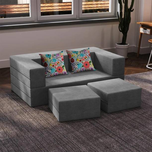 Dr Smith Jute Fabric with Washable Cover | 2 Seater with 2 Pouffe for Living Room 2 Seater Single Foam Fold Out Sofa Cum Bed