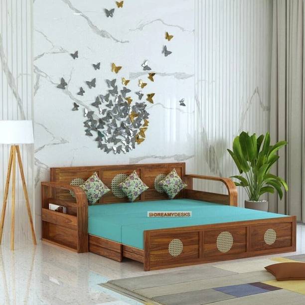 Dreamydesks Regal Solid Wood Sofa cum bed for Bedroom with Side Storage/3 Year Warranty 3 Seater Double Solid Wood Pull Out Sofa Cum Bed