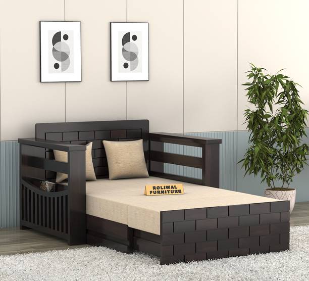 Roliwal Sheesham Wooden 2 Seater Sofa Cums Bed with Mattresses for Home Living Room 2 Seater Single Solid Wood Pull Out Sofa Cum Bed