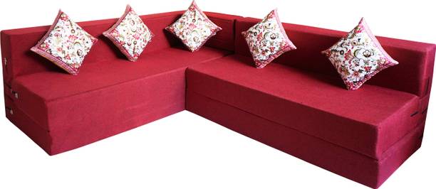 Little Smile L-Shaped 90x72x16 inch- Jute Fabric 5 -red 5 Seater Double Foam Fold Out Sofa Cum Bed