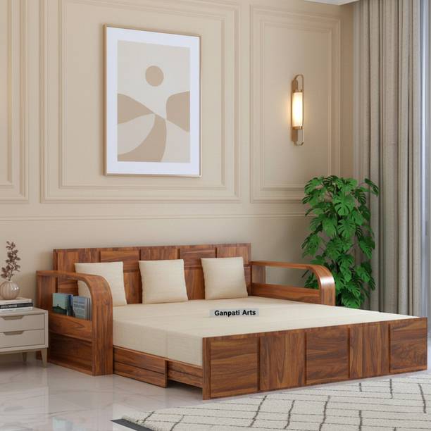Ganpati Arts Scott Solid Sheesham Wood with Side Pocket Mini Storage 3 Seater Double Solid Wood Pull Out Sofa Cum Bed
