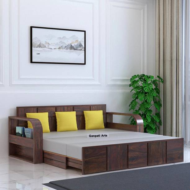 Ganpati Arts Scott Solid Sheesham Wood with Side Pocket Mini Storage 3 Seater Double Solid Wood Pull Out Sofa Cum Bed