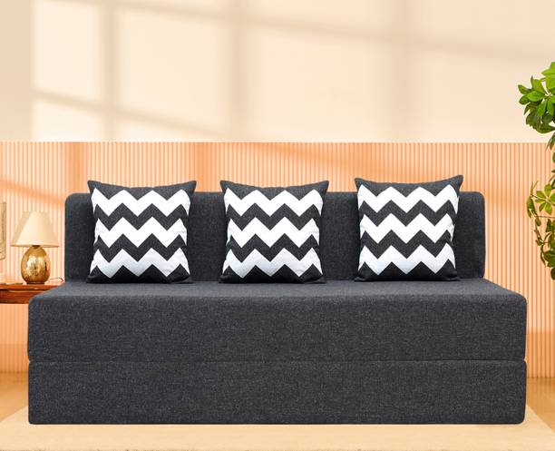 Uberlyfe 5 x 6 Ft Premium Jute -Sofa Cum Bed with 3 Cushions(Zigzag Pattern) 3 Seater Double Foam Fold Out Sofa Cum Bed