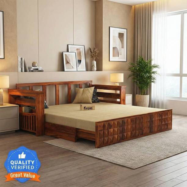 Ganpati Arts Sheesham Wood Oslo with Headboard & Mini Storage for Home 3 Seater Single Solid Wood Pull Out Sofa Cum Bed
