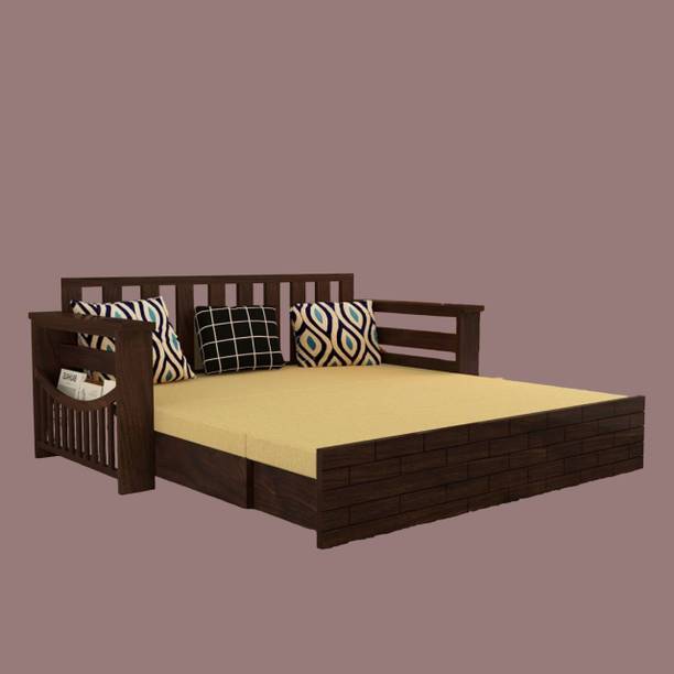 DIVESHIKA ART Sheesham Wood Three Seater Bricke Style Sofa Cum Bed With Side Pocket Storage | 3 Seater Double Solid Wood Pull Out Sofa Sectional Bed