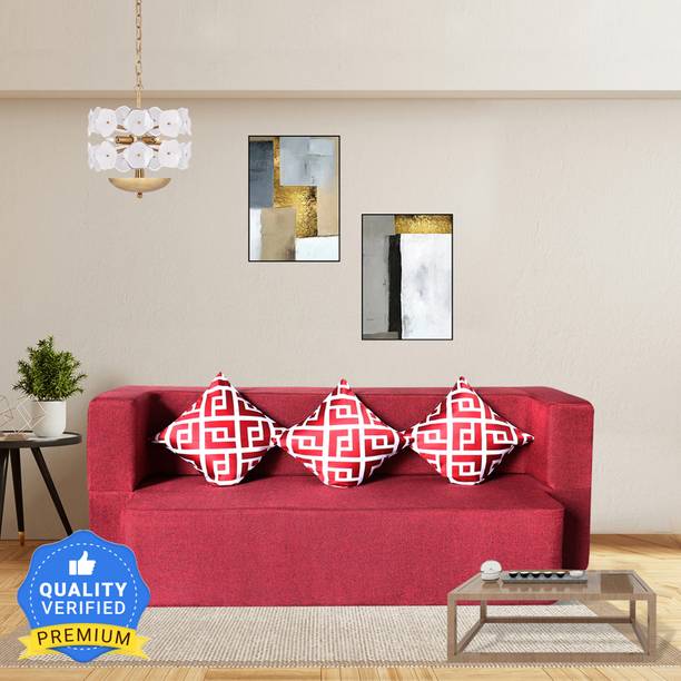 Seventh Heaven 3 Seater Sofa cum Bed 72x44x14 inch Jute Fabric with 3 Cushions 3 Seater Double Foam Pull Out Sofa Cum Bed