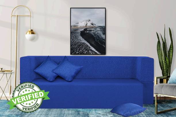 Little Smile Jute Fabric 78x36x14 Inches with 3 Cushion Cover 3 Seater Double Foam Fold Out Sofa Cum Bed