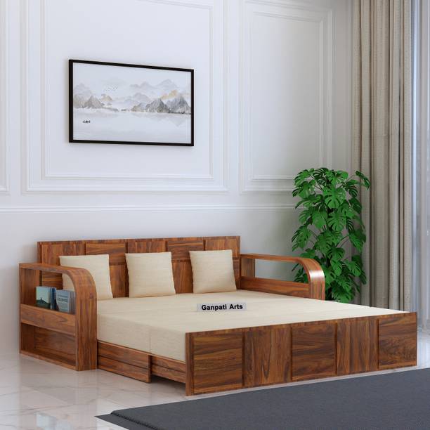 Ganpati Arts Scott Solid Sheesham Wood 3 Seater Sofa Cum Bed with Side Pocket Mini Storage 3 Seater Double Solid Wood Pull Out Sofa Cum Bed