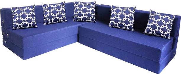 Little Smile L-Shaped 78x60x16 inch- Jute Fabric 4-blue 4 Seater Double Foam Fold Out Sofa Cum Bed