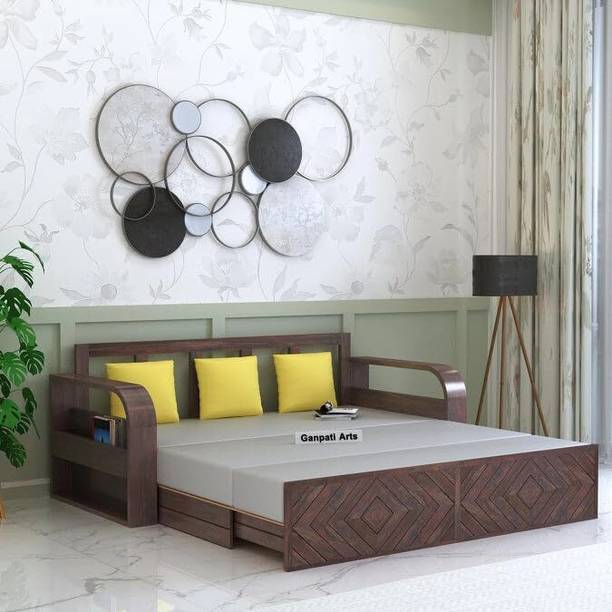Ganpati Arts Wave Sheesham Wood 3 Seater Sofa Cum Bed with Side Pockets Storage For Home 3 Seater Double Solid Wood Pull Out Sofa Cum Bed