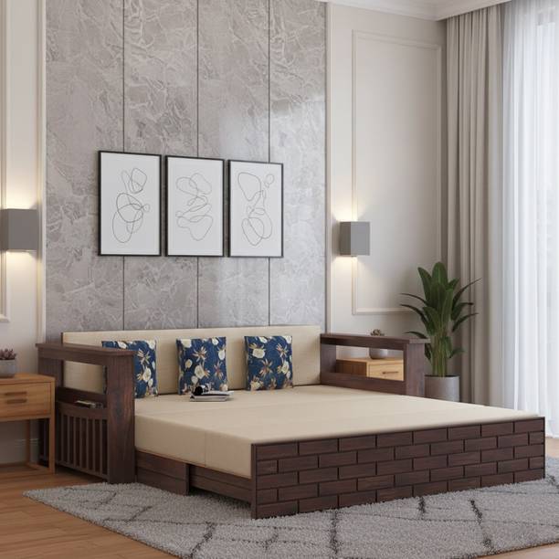 Ganpati Arts Sheesham Wood Italian with Headboard and Mini Storage 3 Seater Double Solid Wood Pull Out Sofa Cum Bed