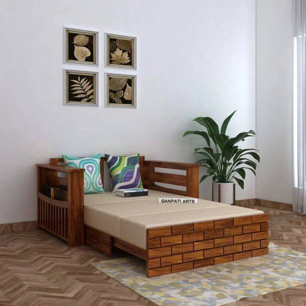 Ganpati Arts Sheesham Wood 2 Seater Sofa Cum Bed with Headboard & Mini Storage for Home 2 Seater Double Solid Wood Pull Out Sofa Cum Bed