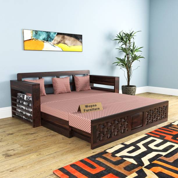 Wopno Furniture Sheesham Wooden 3 Seater Sofa Cums Bed with Mattresses for Home Living Room 3 Seater Double Solid Wood Pull Out Sofa Cum Bed