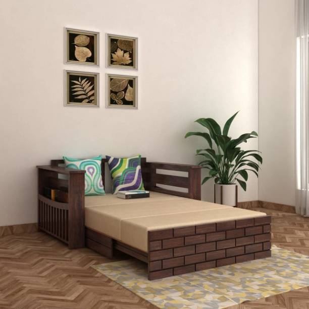 Divine Arts 2 Seater Sheesham Wood Sofa Cum Bed with Side Pocket for Living Room 2 Seater Double Solid Wood Pull Out Sofa Cum Bed