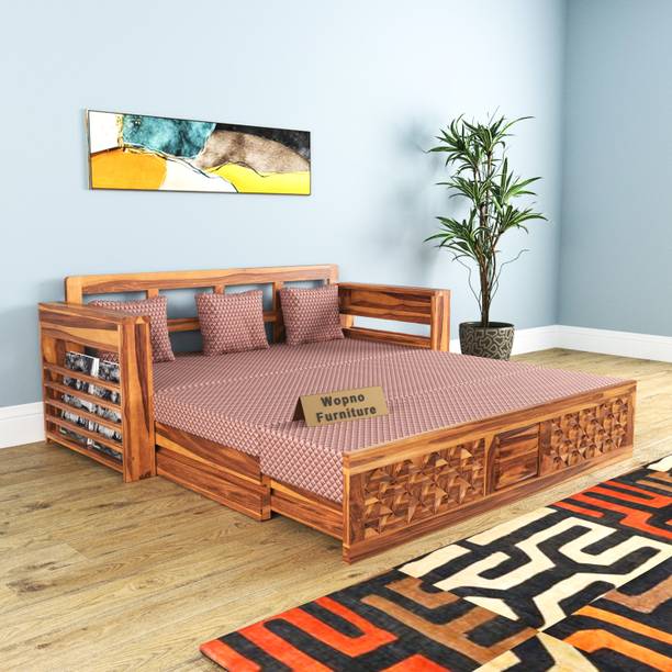 Wopno Furniture Sheesham Wooden 3 Seater Sofa Cums Bed with Mattresses for Home Living Room 3 Seater Double Solid Wood Pull Out Sofa Cum Bed