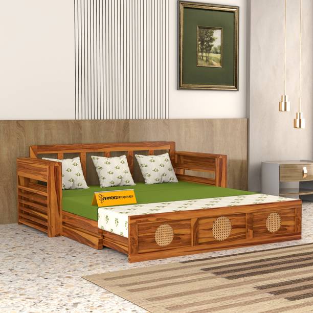 saamenia furnitures Solid Wood Sheesham Wood With Cushion For Living Guest Room 3 Seater Double Solid Wood Pull Out Sofa Cum Bed