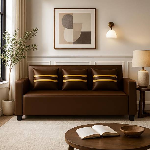 FURNY Lexiro 3 Seater Sofa Set| Premium Leatherette Upholstery| Modern Design Fabric 3 Seater  Sofa