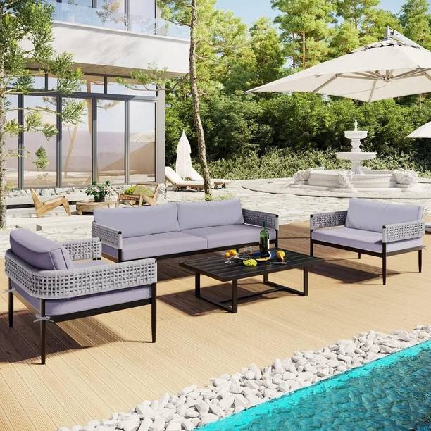 Mymigos Weather Wicker Sofa with Center Table for Balcony/Garden/Poolside Fabric 4 Seater  Sofa